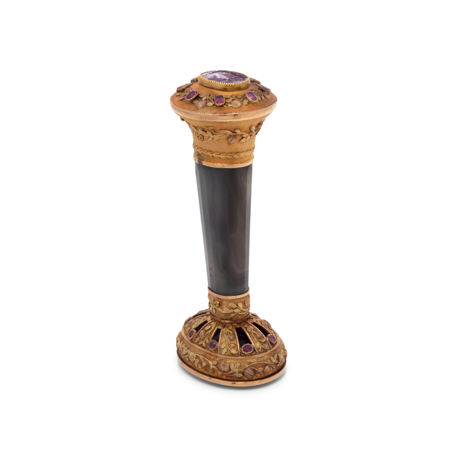 A French Gold, Ruby and Amethyst Mounted Agate Hand-Seal