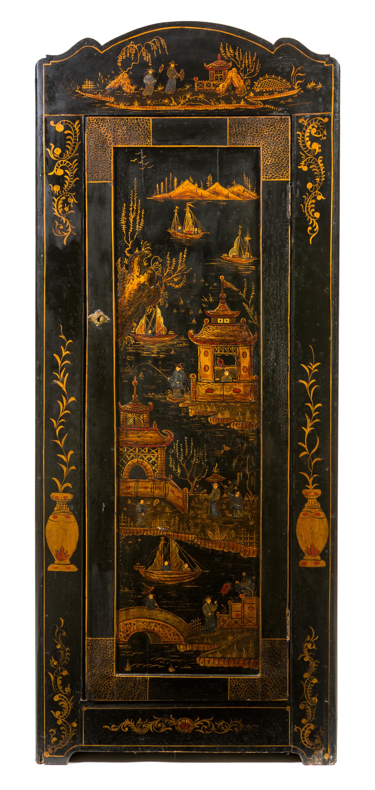 An English Lacquered Corner Cabinet, Height 75 3/4 x width 30 3/4 x depth 18 inches.