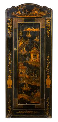 An English Lacquered Corner Cabinet, Height 75 3/4 x width 30 3/4 x depth 18 inches.