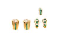 COLLECTION OF DIAMOND, EMERALD, AND YELLOW GOLD CLIP EARRINGS