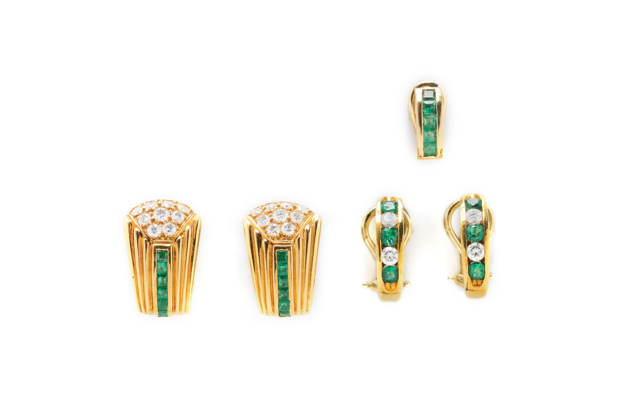 COLLECTION OF DIAMOND, EMERALD, AND YELLOW GOLD CLIP EARRINGS