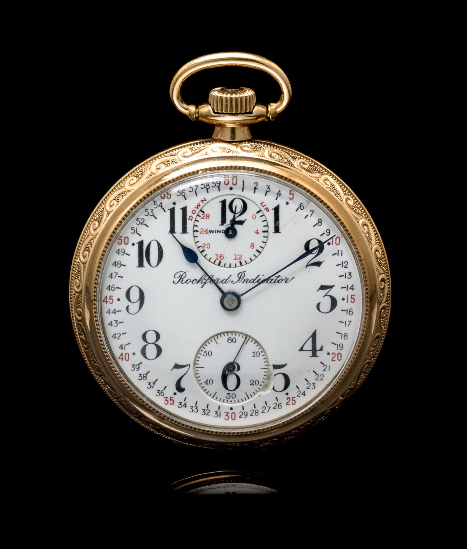 A Collection of Gold Filled Wind Indicator Railroad Open Face Pocket Watches, Elgin and Rockford,