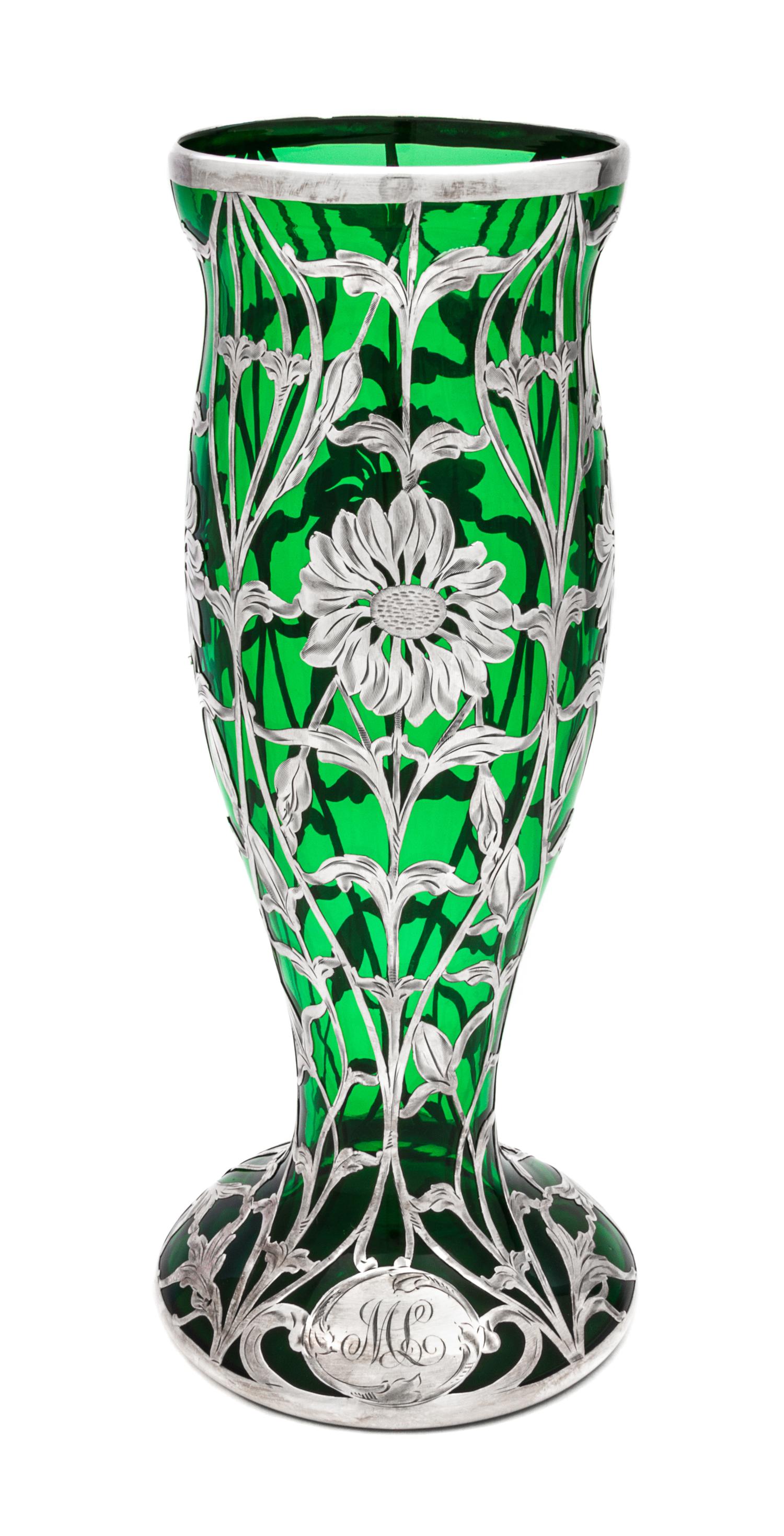 An Art Nouveau Silver Overlay Vase Height 11 3/4 inches.