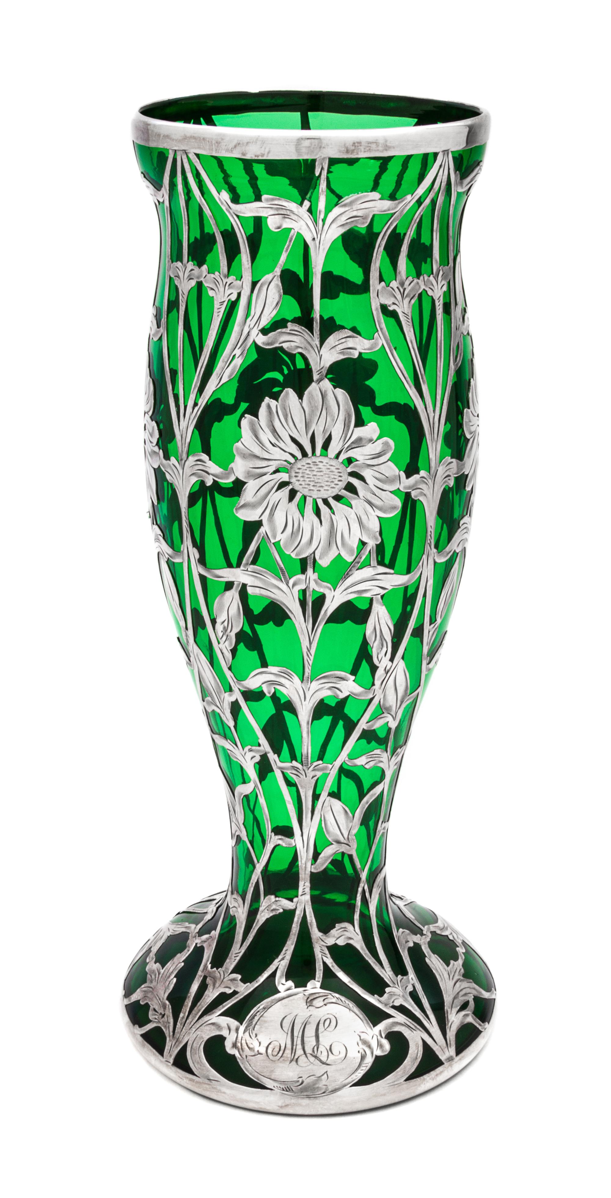An Art Nouveau Silver Overlay Vase Height 11 3/4 inches.