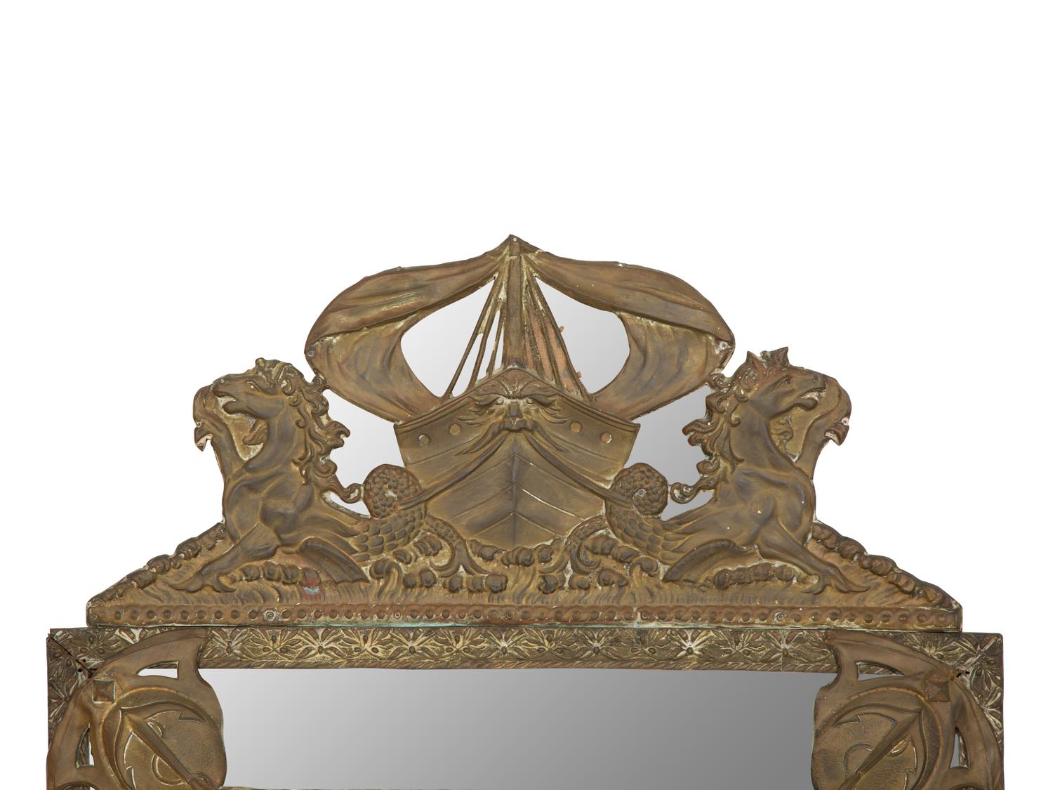 A Dutch Chased Brass Cushion Mirror with Nautical Motif