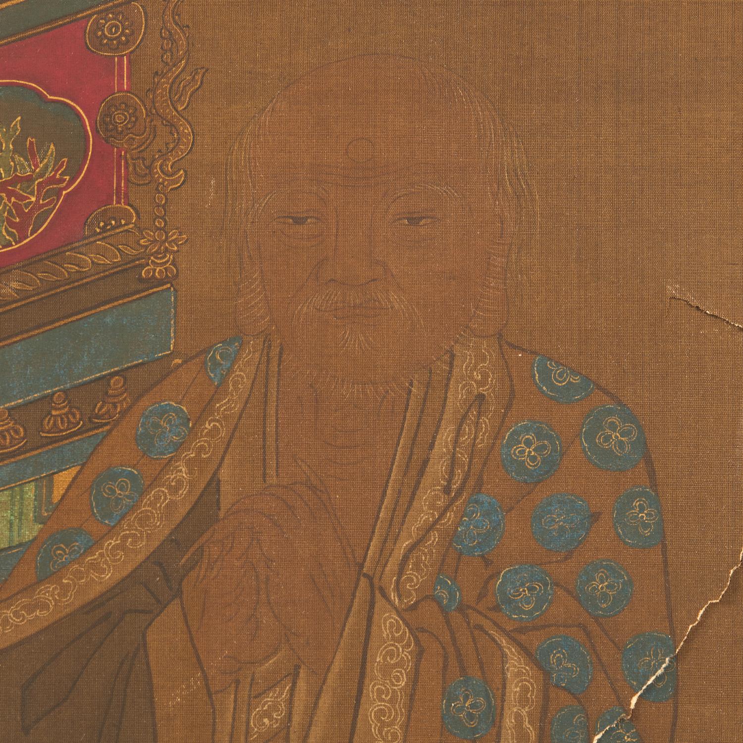 Chinese School, Seated Buddha with Two Attendants, Late Ming-Early Qing Dynasty, 明末清初 絹本設色如來佛像