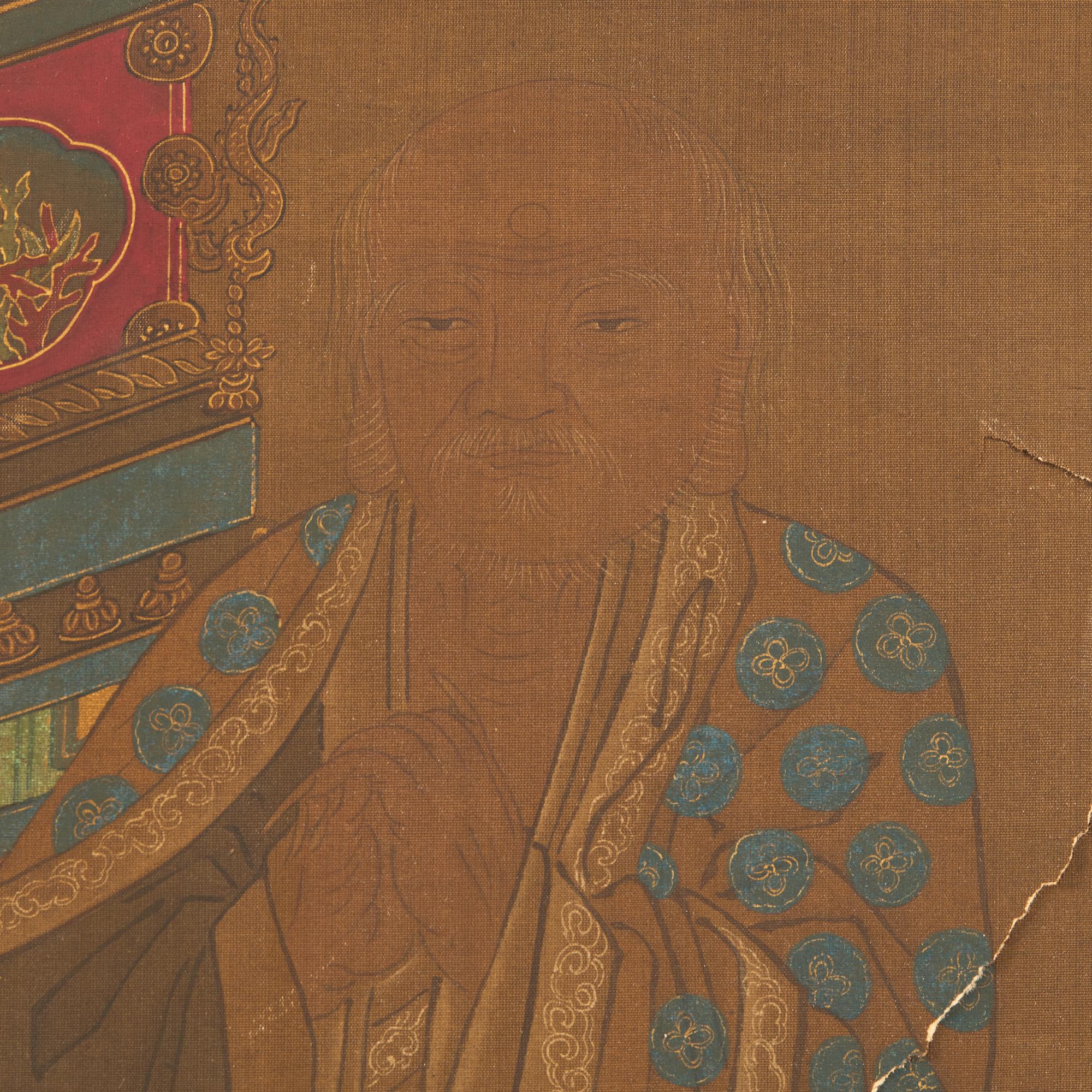 Chinese School, Seated Buddha with Two Attendants, Late Ming-Early Qing Dynasty, 明末清初 絹本設色如來佛像