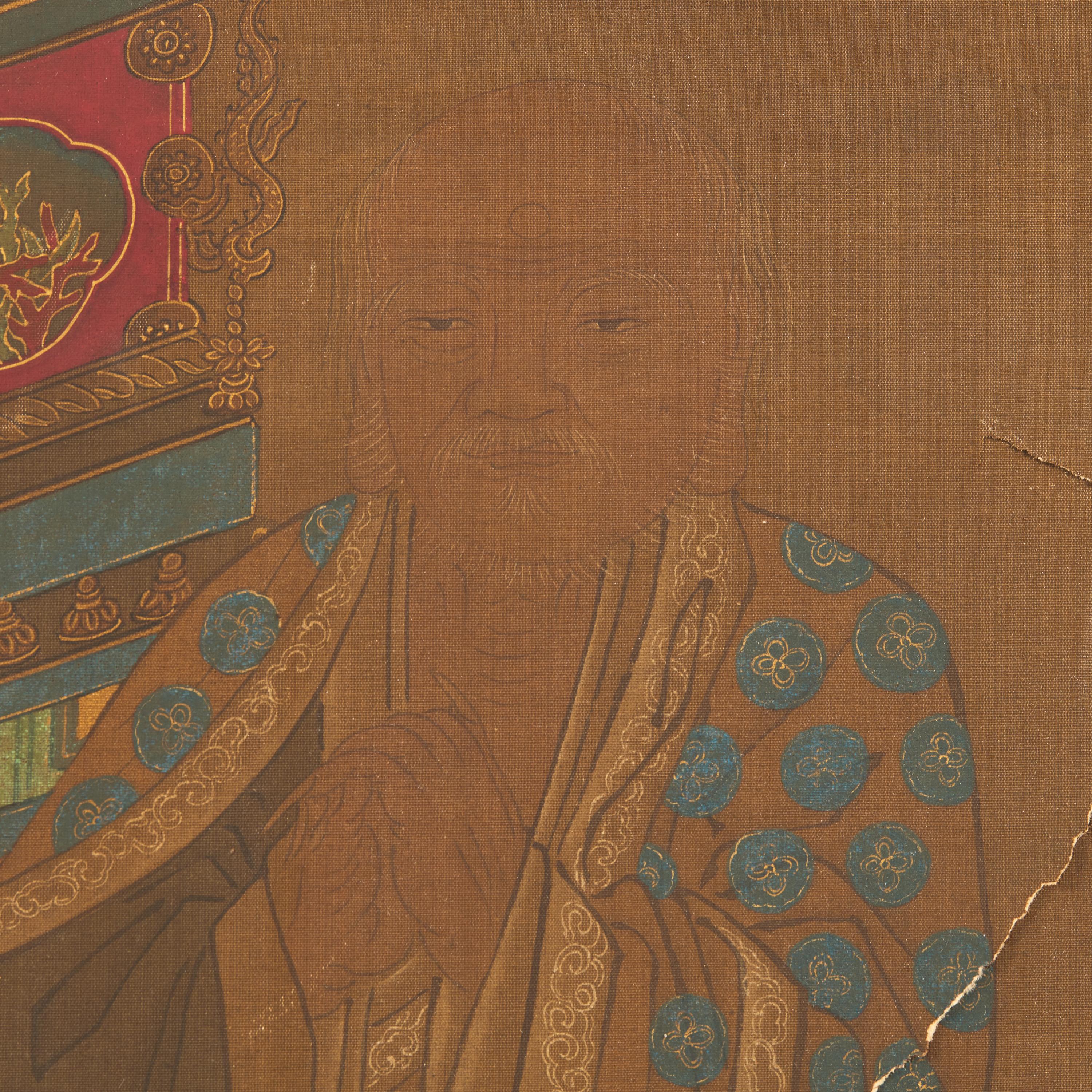 Chinese School, Seated Buddha with Two Attendants, Late Ming-Early Qing Dynasty, 明末清初 絹本設色如來佛像