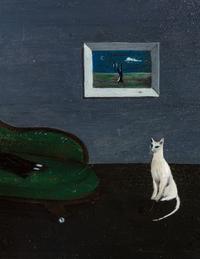 Untitled ( Countess Narone on Chaise with White Cat and Lonely Tree Painting)