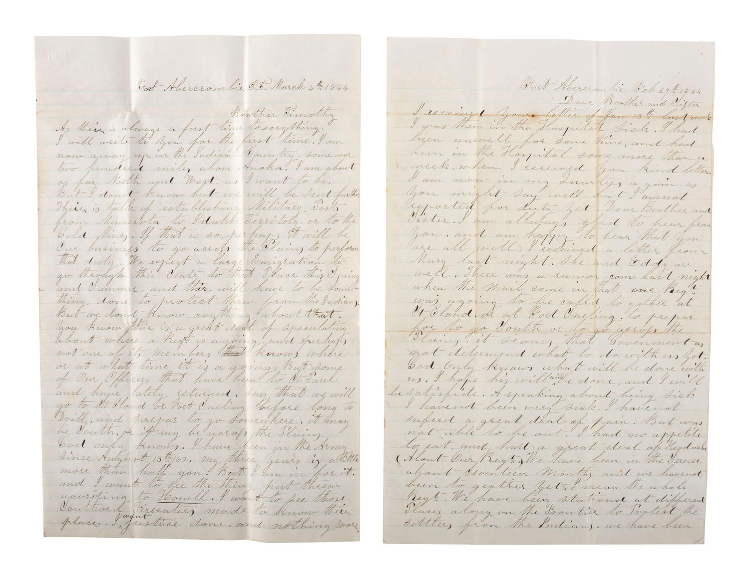 [INDIAN WARS]. CURIAL, Nathan W. (1822-1897). Letter archive of Nathan W. Curial, Co. A, 8th Minnesota Regiment, featuring content related to the Dakota War of 1862.