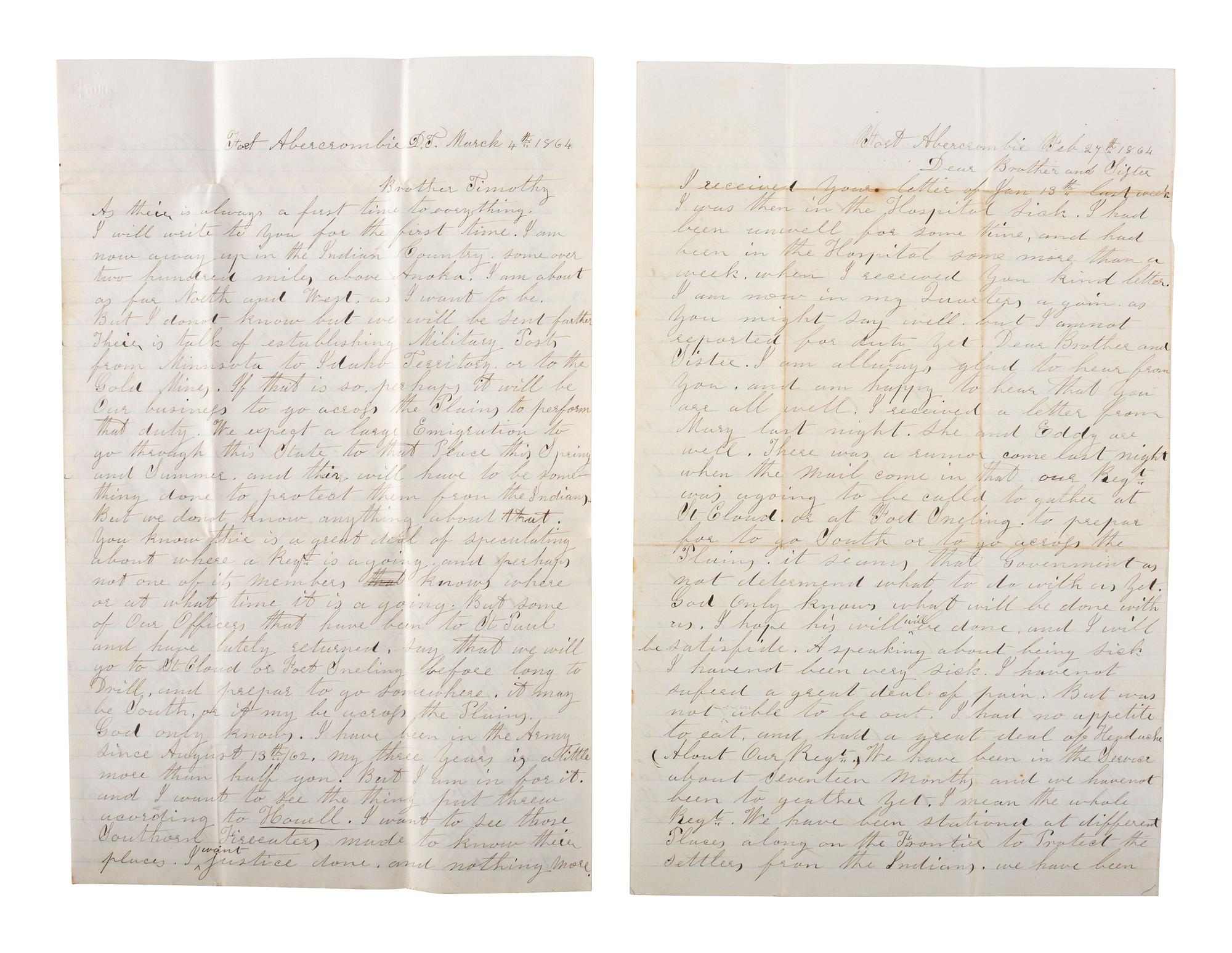 [INDIAN WARS]. CURIAL, Nathan W. (1822-1897). Letter archive of Nathan W. Curial, Co. A, 8th Minnesota Regiment, featuring content related to the Dakota War of 1862.