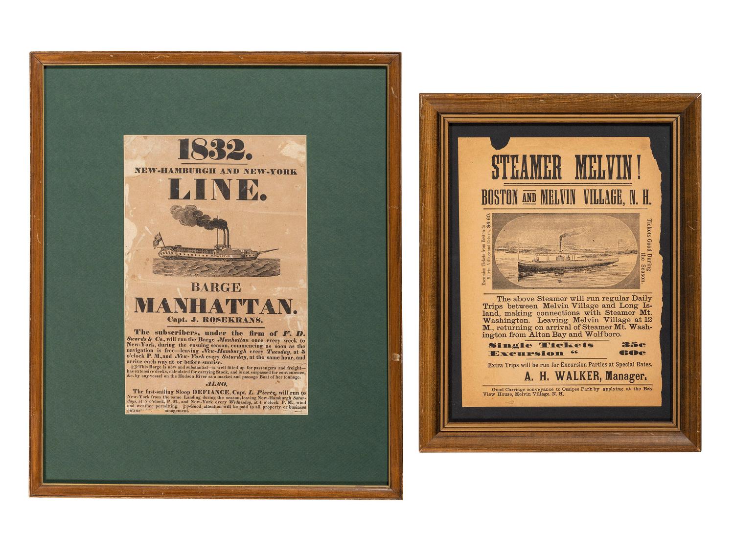 [TRANSPORTATION]. A group of 2 broadsides promoting ships, incl. the Barge Manhattan and the Steamer Melvin .