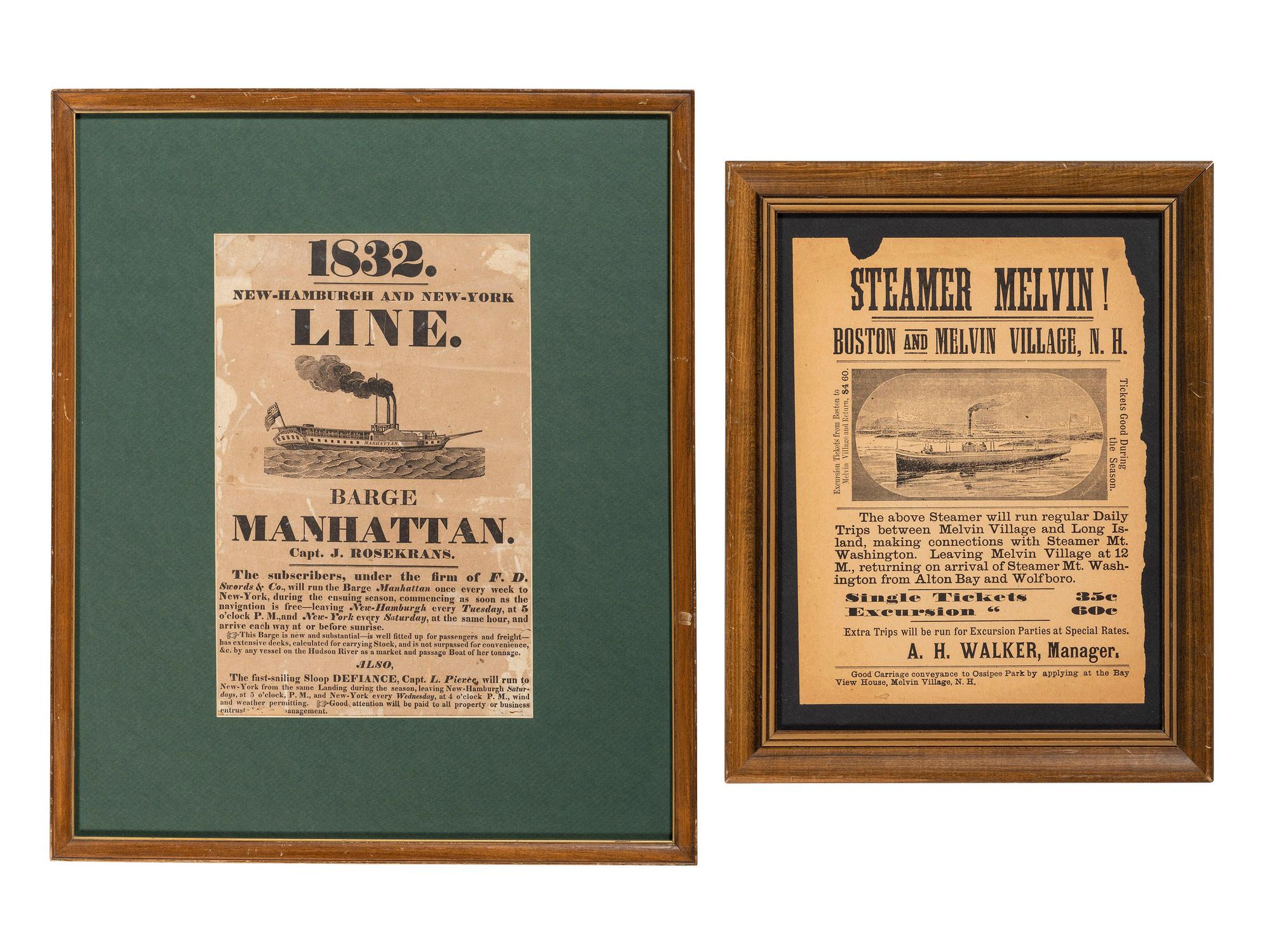 [TRANSPORTATION]. A group of 2 broadsides promoting ships, incl. the Barge Manhattan and the Steamer Melvin .