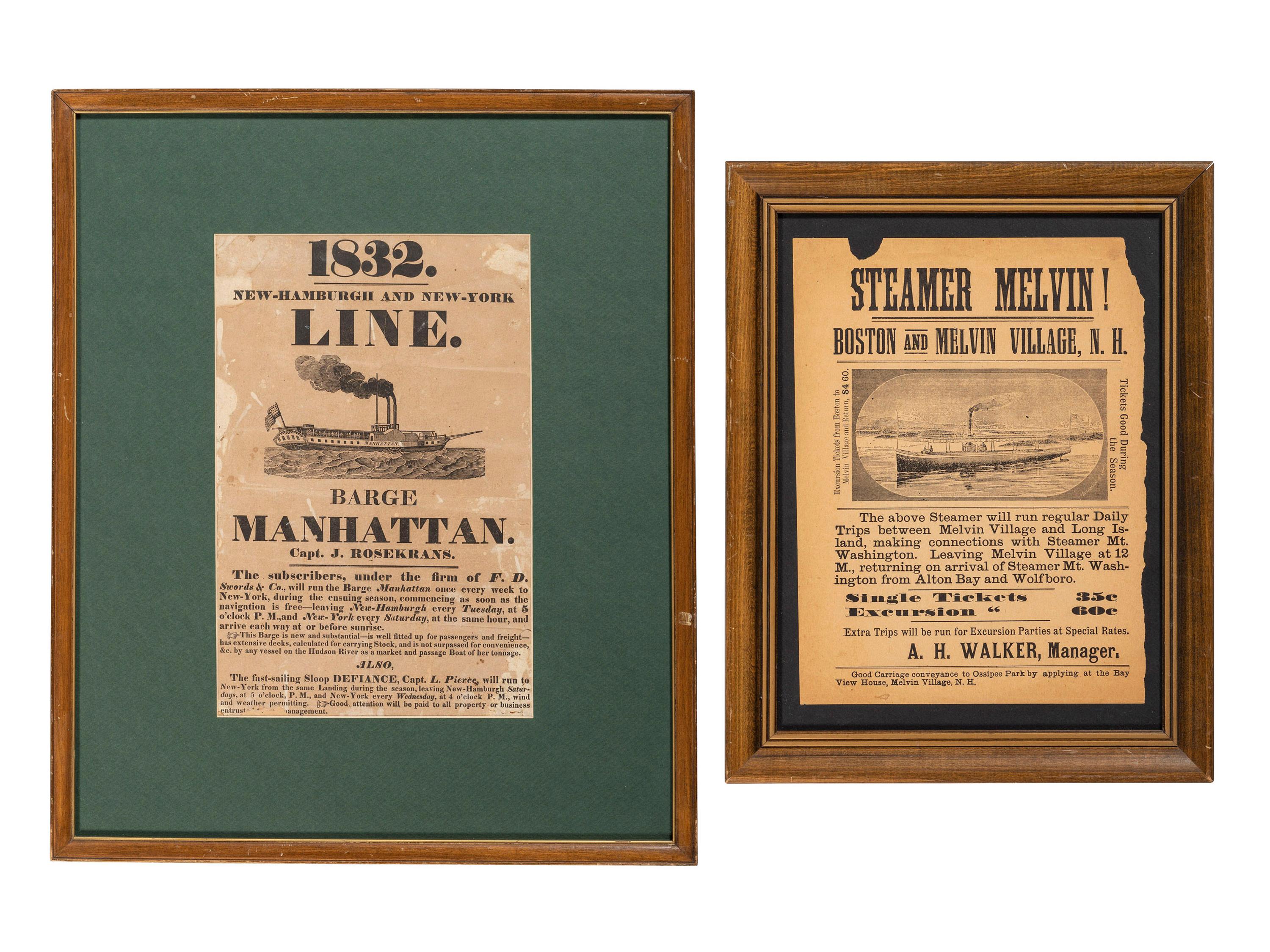 [TRANSPORTATION]. A group of 2 broadsides promoting ships, incl. the Barge Manhattan and the Steamer Melvin .