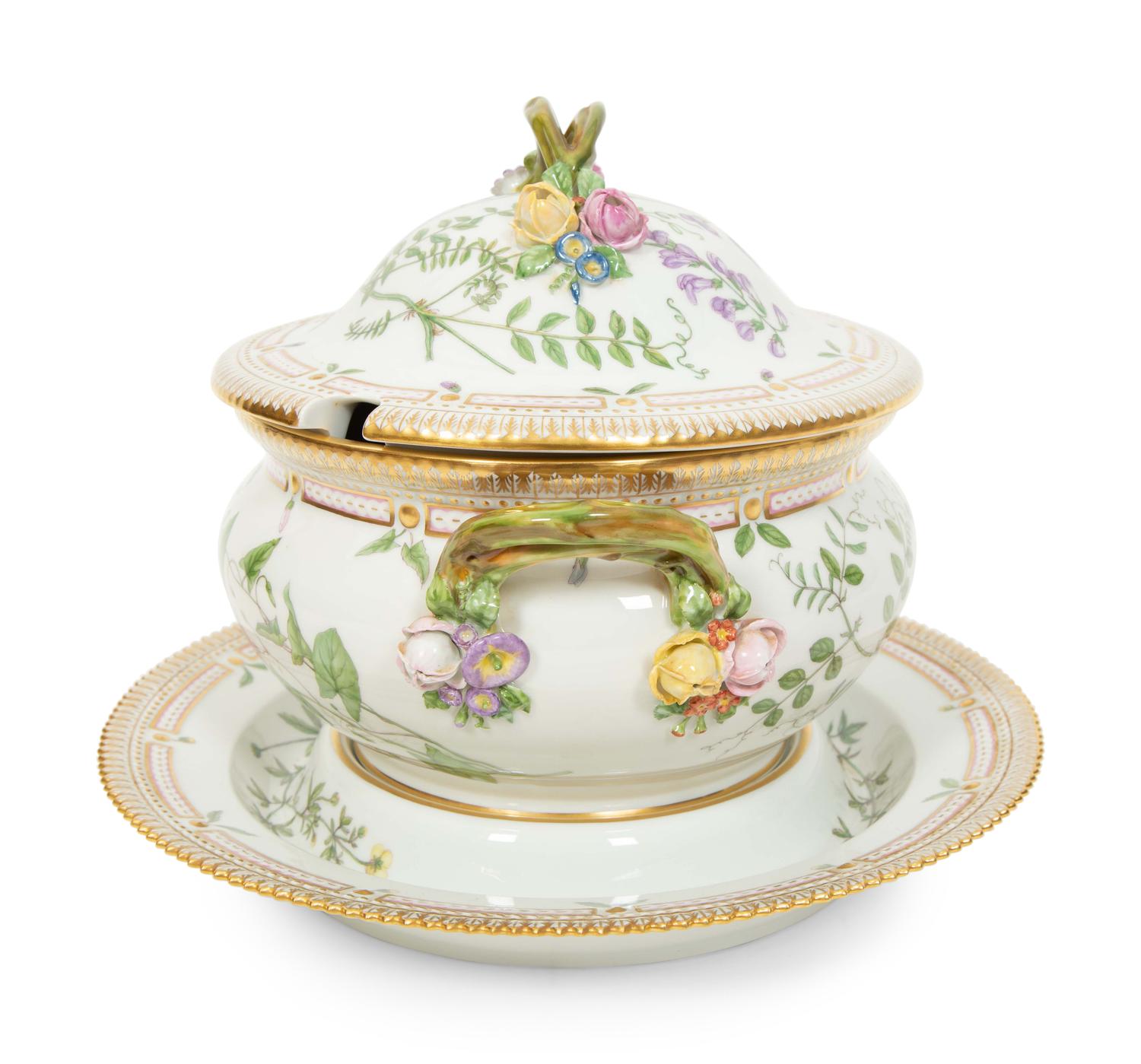A Royal Copenhagen Flora Danica Porcelain Round Covered Tureen on Stand