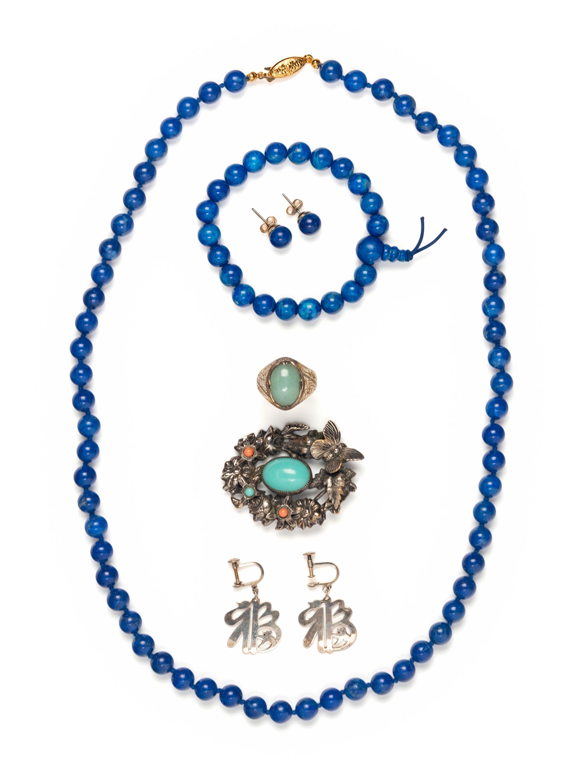 A Group of Chinese Silver, Jadeite and Lapis Lazuli Jewelry