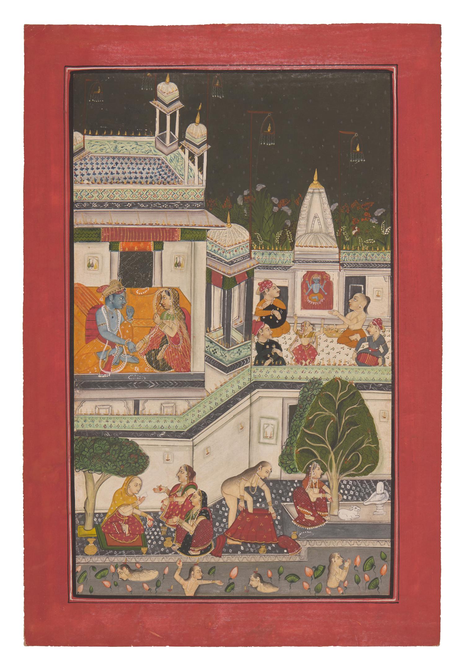A Painting of Radha and Krishna Celebrating the Tej Festival and A Painting of Radha and Krishna Indoors Facing One Another, Probably Udaipur or Jaipur, India, 20th Century