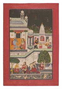 A Painting of Radha and Krishna Celebrating the Tej Festival and A Painting of Radha and Krishna Indoors Facing One Another, Probably Udaipur or Jaipur, India, 20th Century