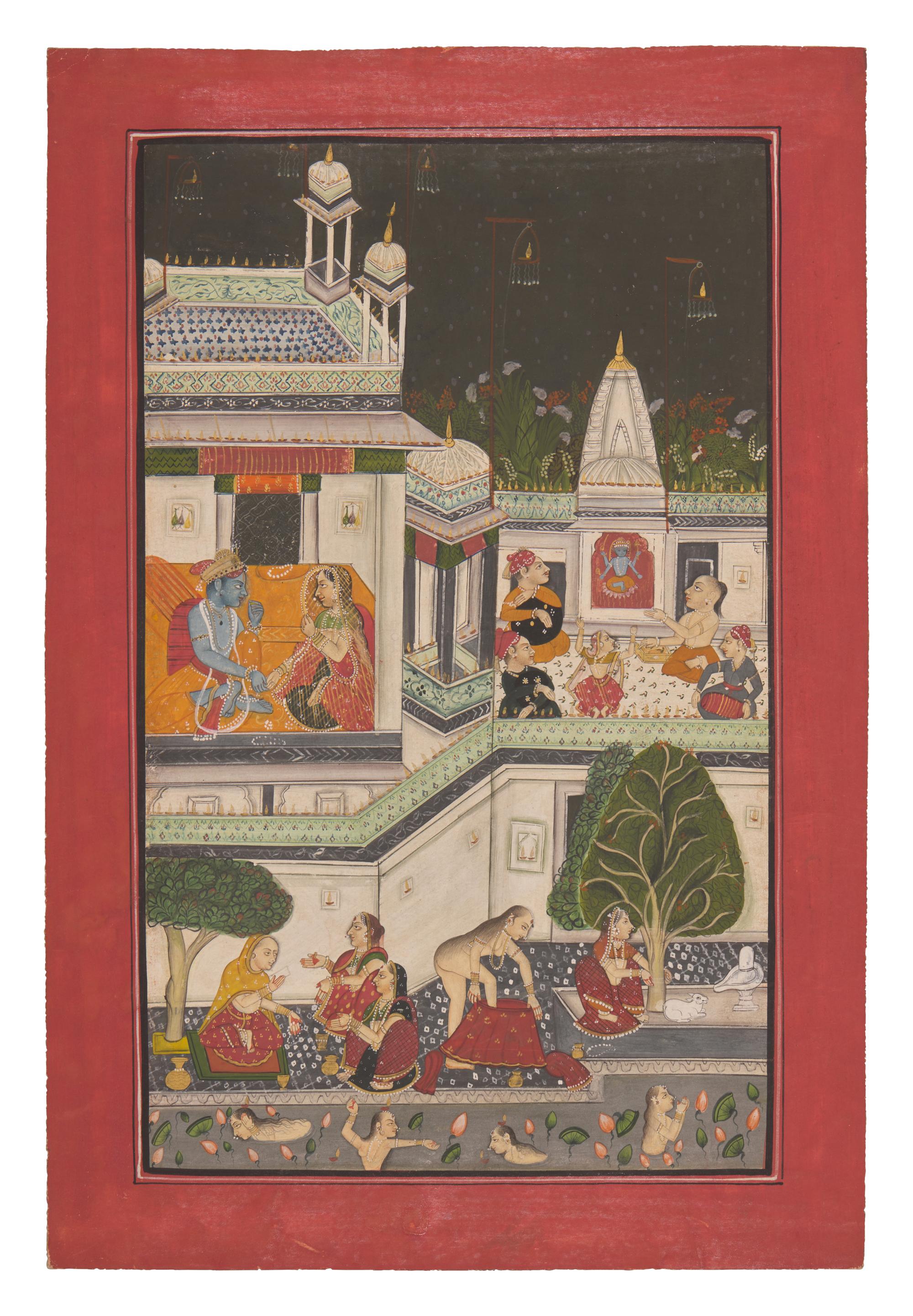 A Painting of Radha and Krishna Celebrating the Tej Festival and A Painting of Radha and Krishna Indoors Facing One Another, Probably Udaipur or Jaipur, India, 20th Century