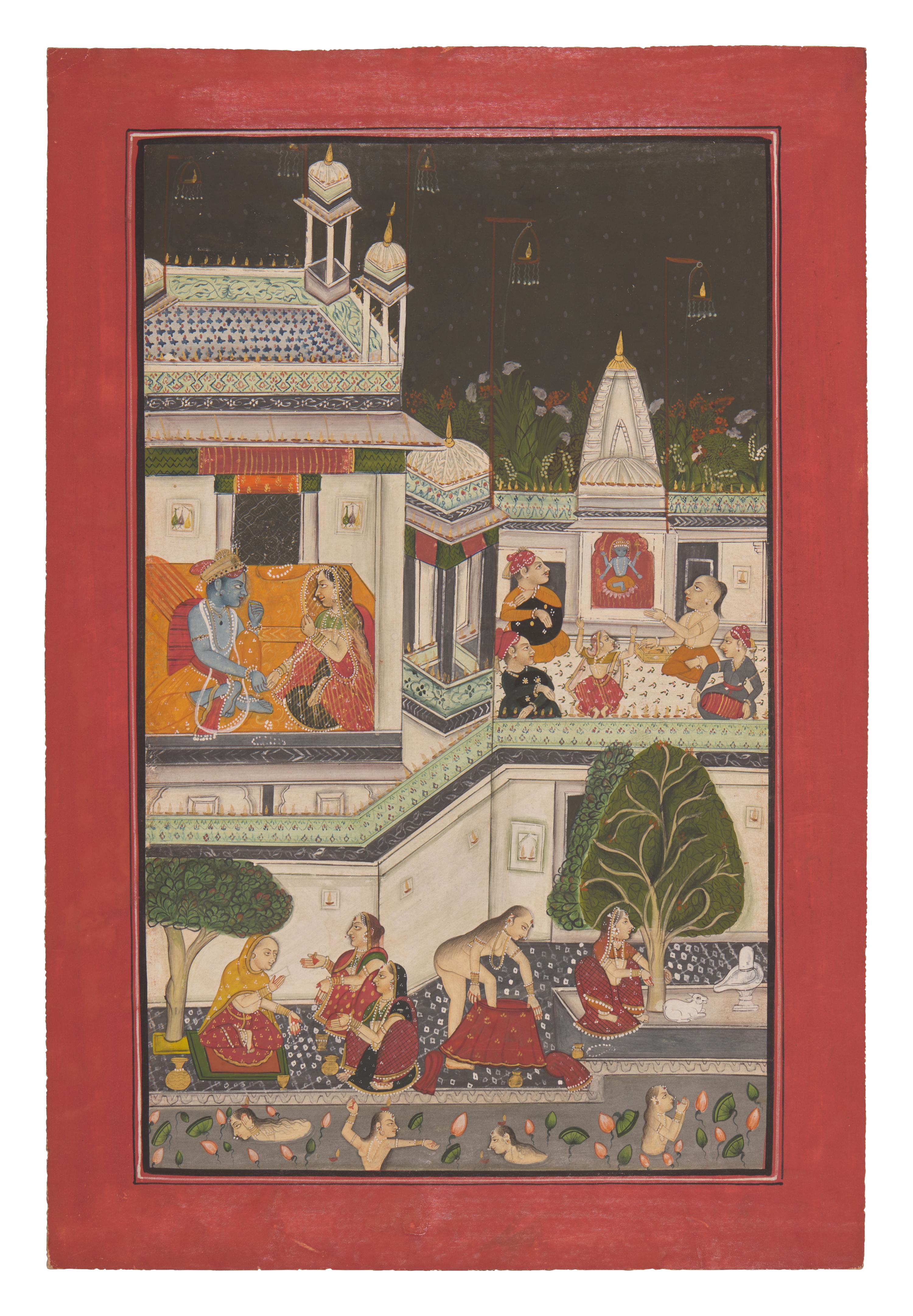 A Painting of Radha and Krishna Celebrating the Tej Festival and A Painting of Radha and Krishna Indoors Facing One Another, Probably Udaipur or Jaipur, India, 20th Century