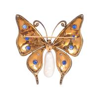 EVELYN CLOTHIER, DIAMOND, SAPPHIRE, CULTURED BAROQUE PEARL AND ENAMEL BUTTERLY BROOCH