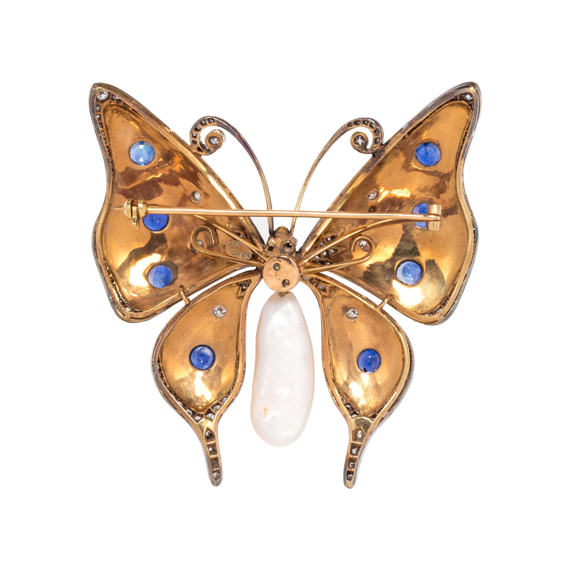 EVELYN CLOTHIER, DIAMOND, SAPPHIRE, CULTURED BAROQUE PEARL AND ENAMEL BUTTERLY BROOCH