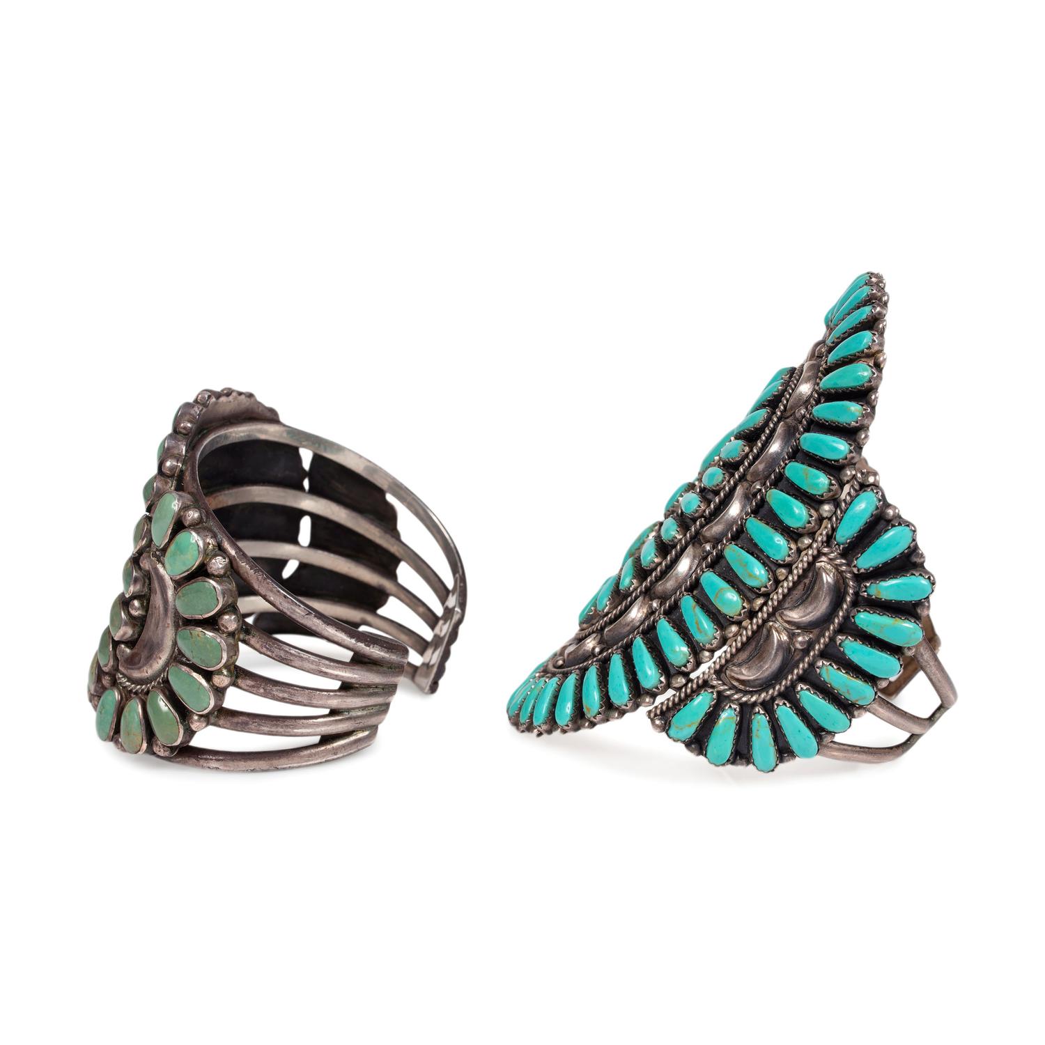 Navajo Silver and Turquoise Cluster Cuff Bracelets