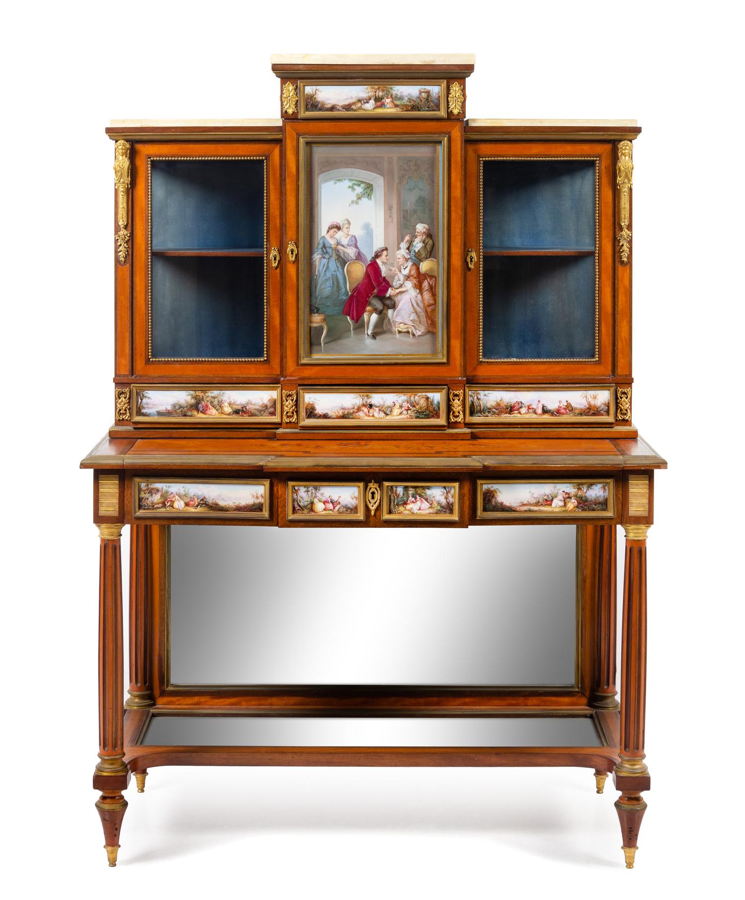 A Louis XVI Style Gilt Bronze and Meissen Porcelain Mounted Marquetry Secrétaire Bibliothèque