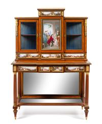 A Louis XVI Style Gilt Bronze and Meissen Porcelain Mounted Marquetry Secrétaire Bibliothèque