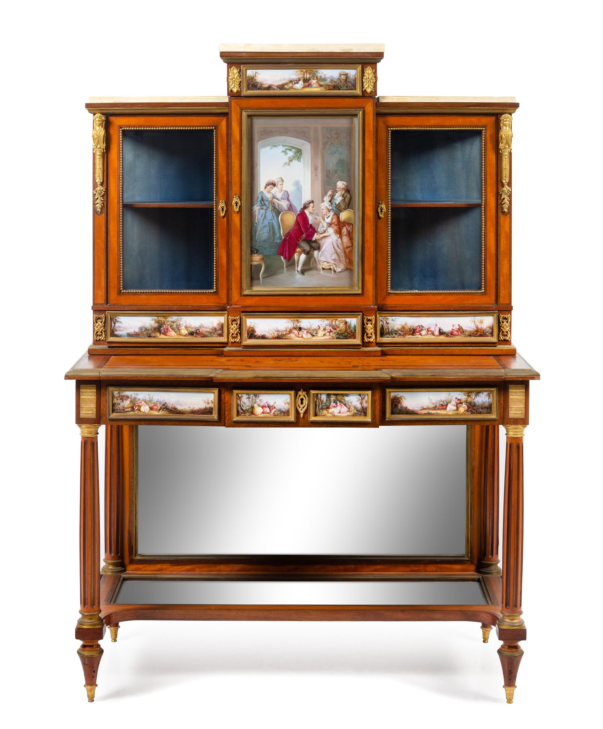 A Louis XVI Style Gilt Bronze and Meissen Porcelain Mounted Marquetry Secrétaire Bibliothèque