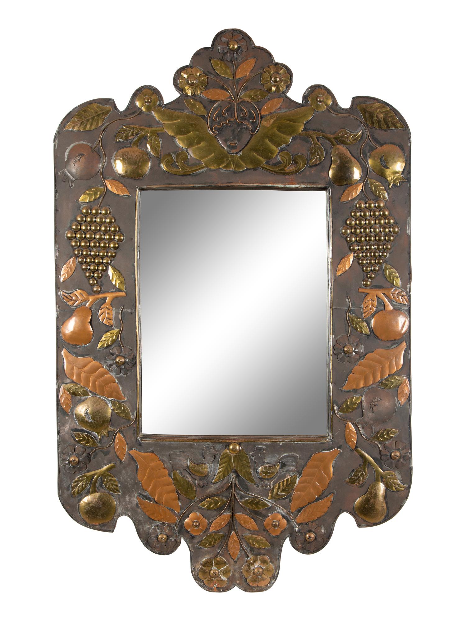 A Continental Brass and Copper Framed Mirror — 20th Century