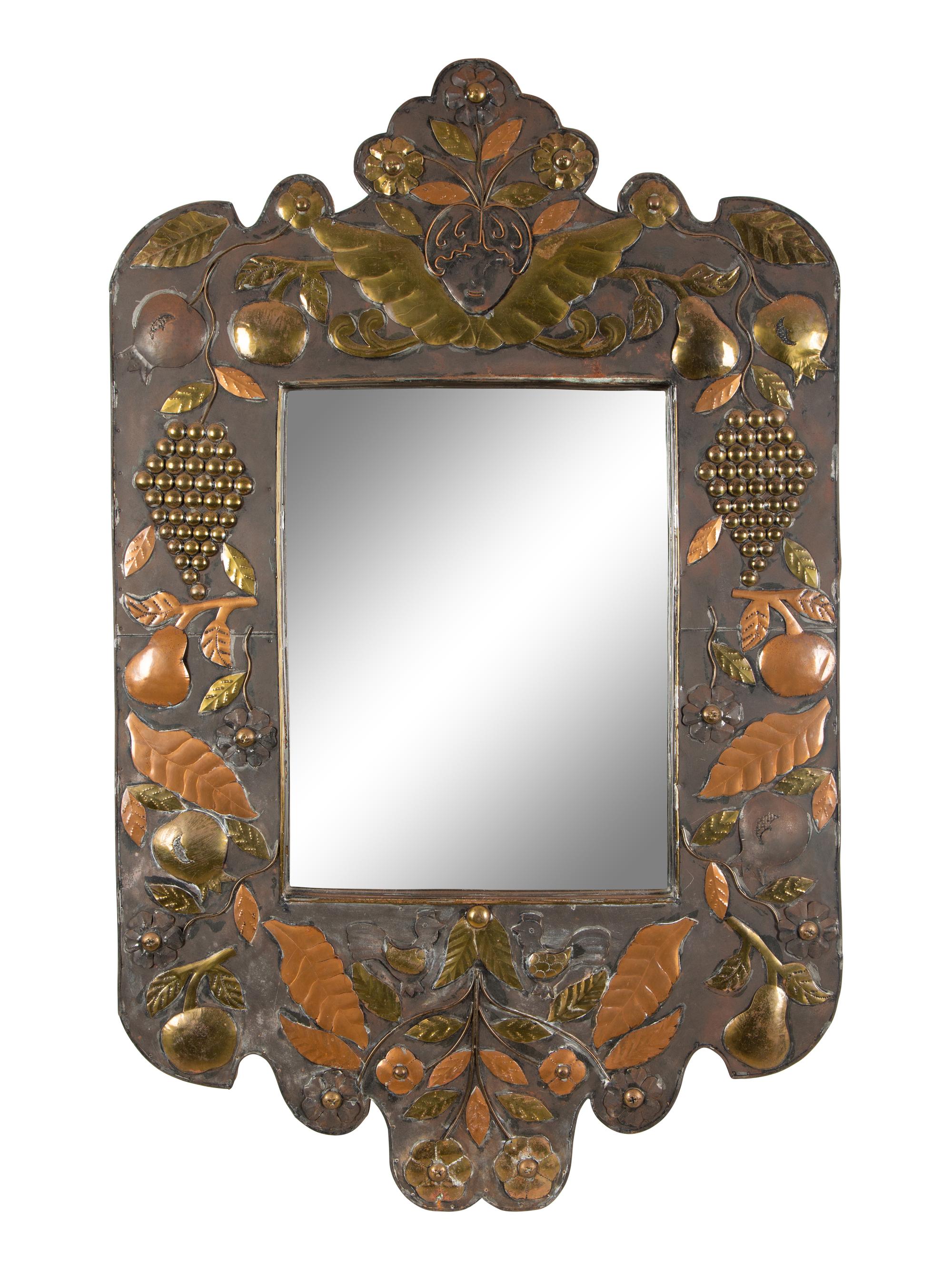 A Continental Brass and Copper Framed Mirror — 20th Century