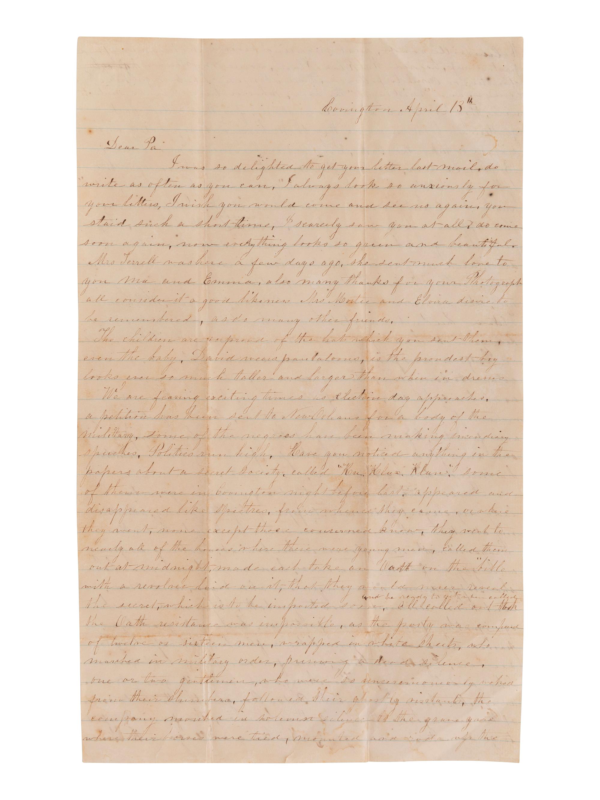 [RECONSTRUCTION]. Letter describing white supremacist initiation rites prior to election in Louisiana.