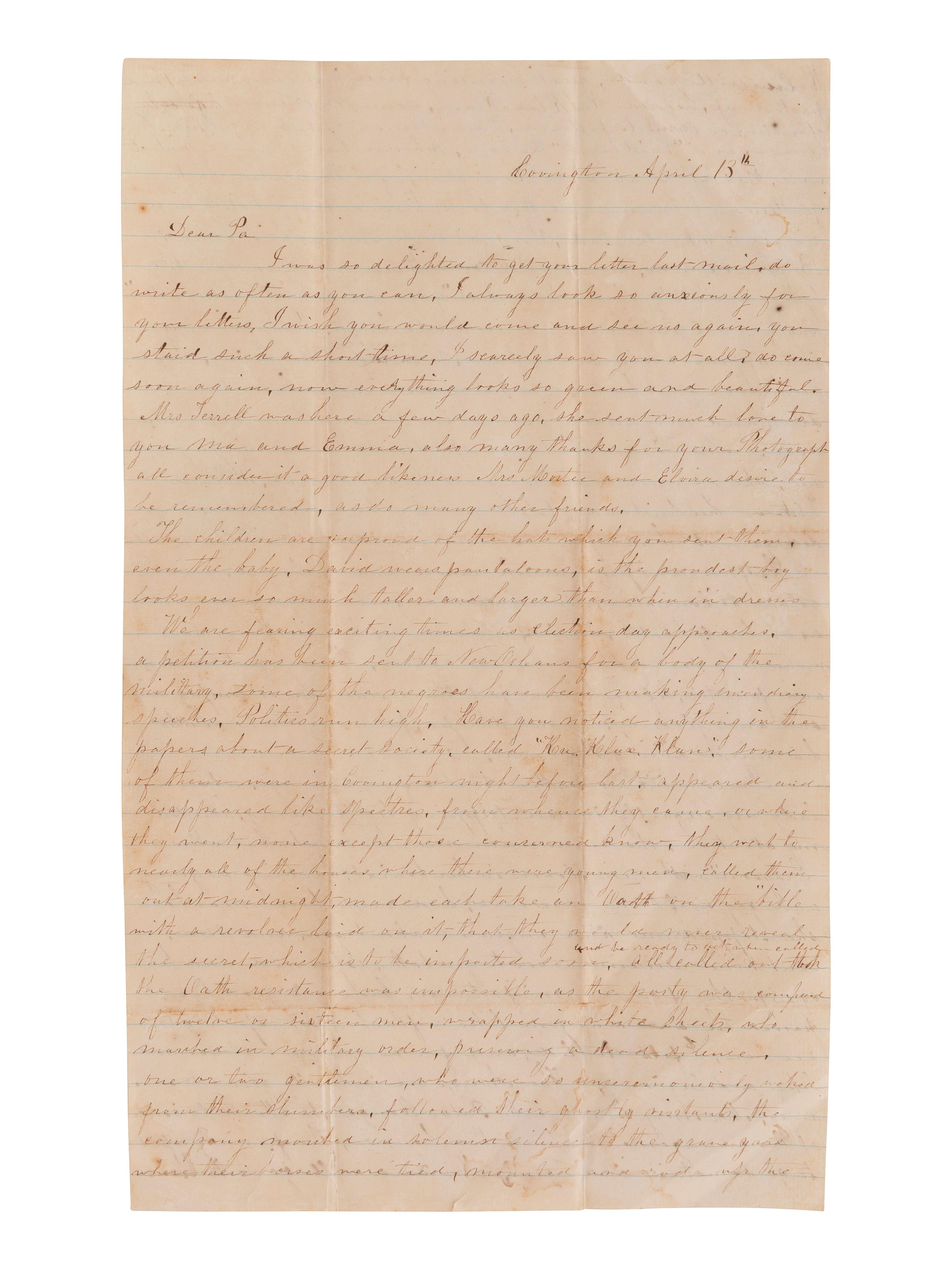 [RECONSTRUCTION]. Letter describing white supremacist initiation rites prior to election in Louisiana.