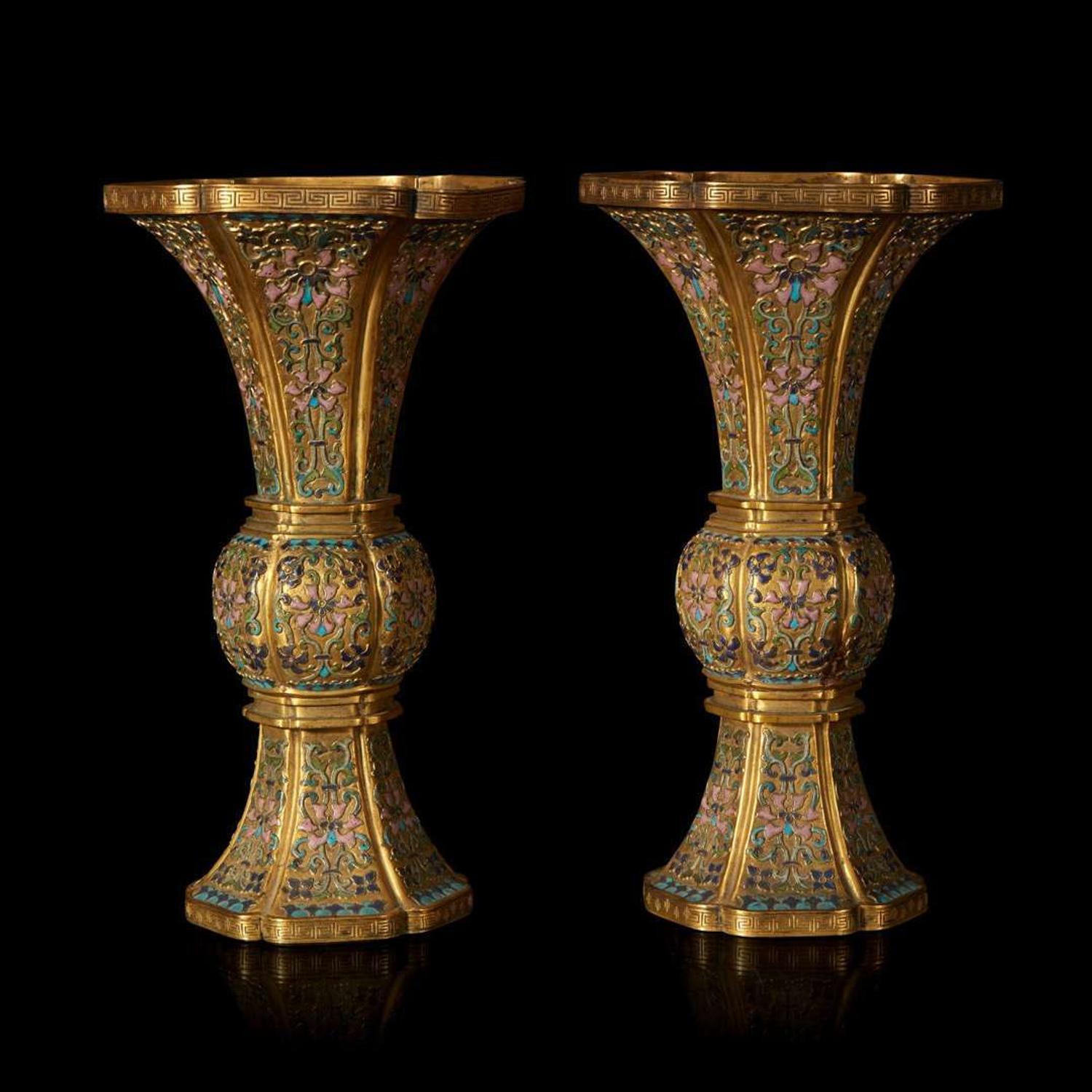 An exceptional pair of Chinese champlevé cloisonné enamel gilt metal gu-form vases 铜鎏金锤鍱珐琅花觚一对 18th/19th century ???????