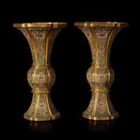 An exceptional pair of Chinese champlevé cloisonné enamel gilt metal gu-form vases 铜鎏金锤鍱珐琅花觚一对 18th/19th century ???????