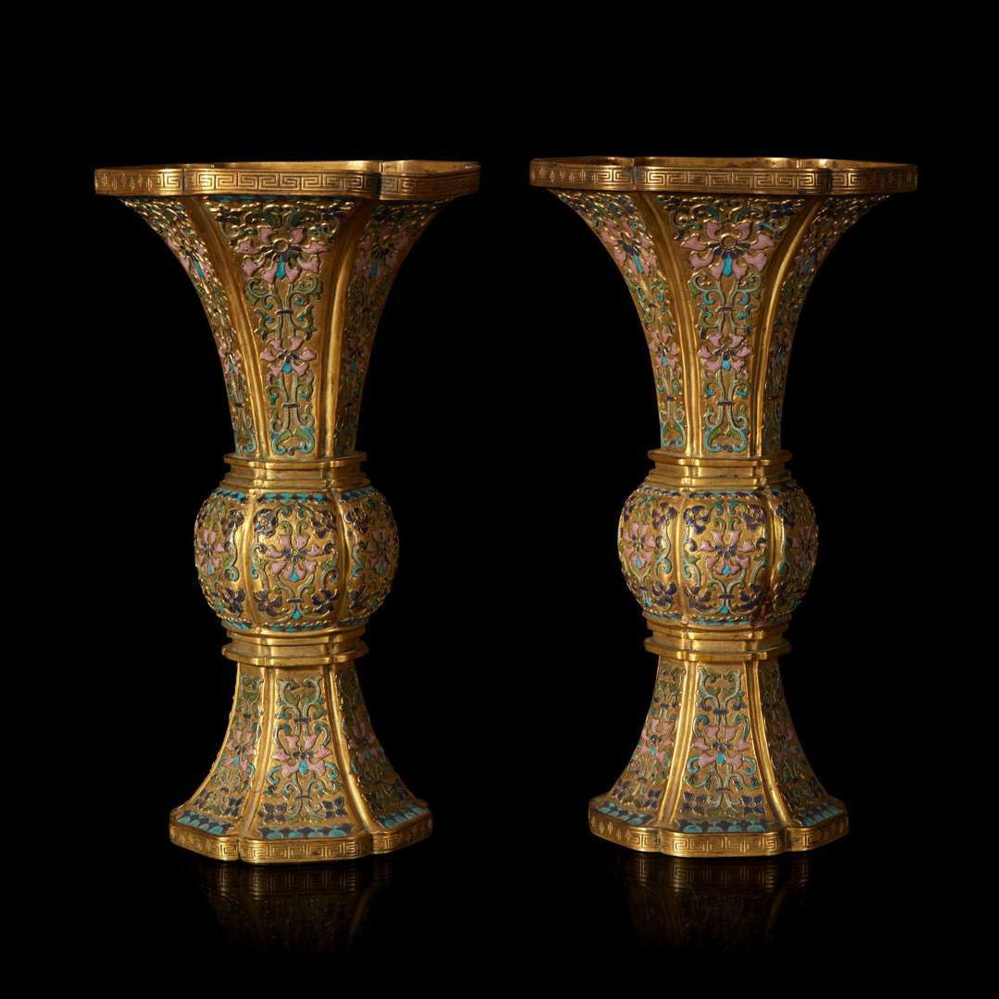 An exceptional pair of Chinese champlevé cloisonné enamel gilt metal gu-form vases 铜鎏金锤鍱珐琅花觚一对 18th/19th century ???????