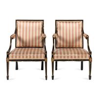 A Pair of Regency Style Ebonized and Parcel-Gilt Armchairs
