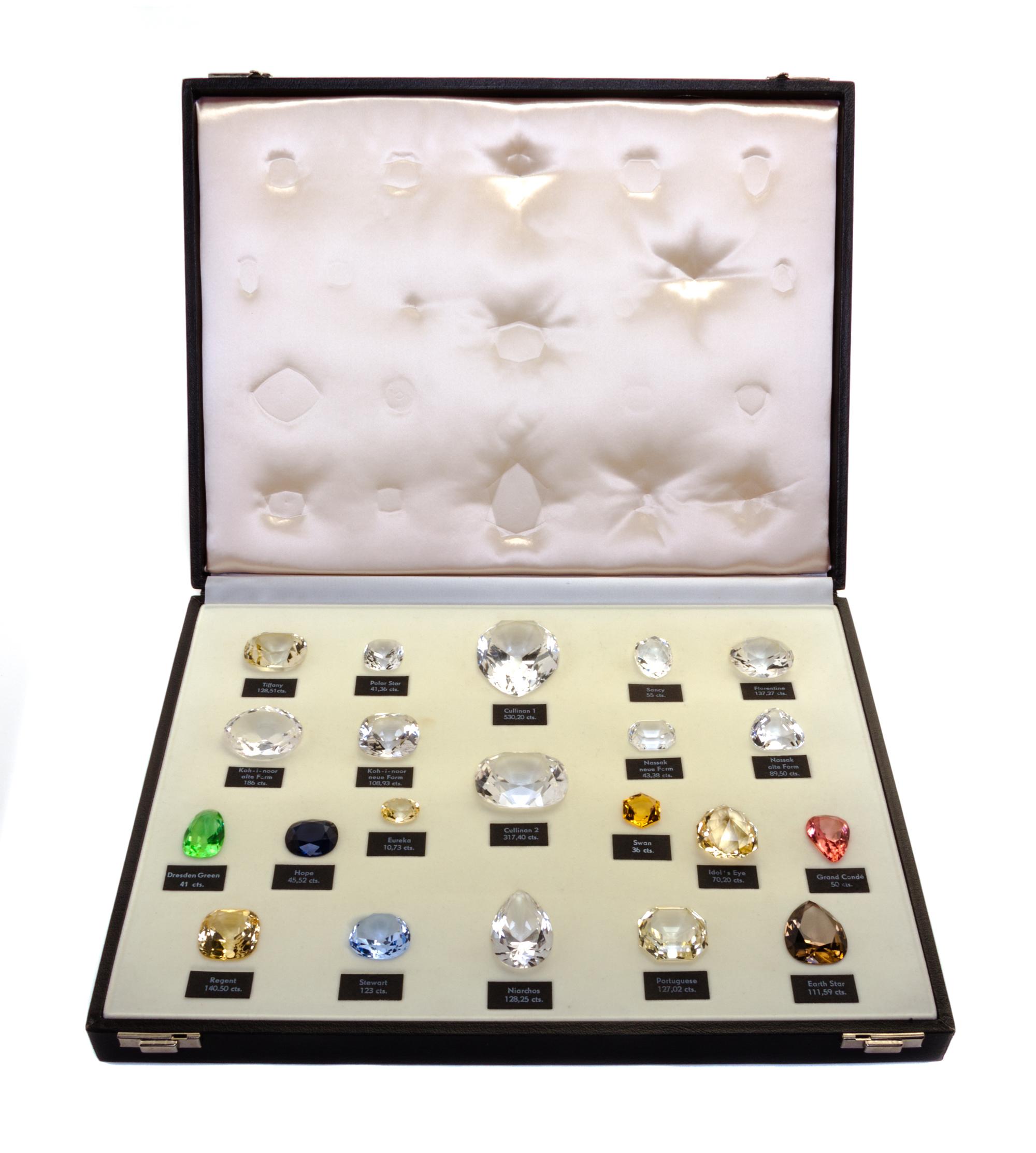 A Collection of Replicas of Famous Diamonds Width of case 14 1/2 inches.
