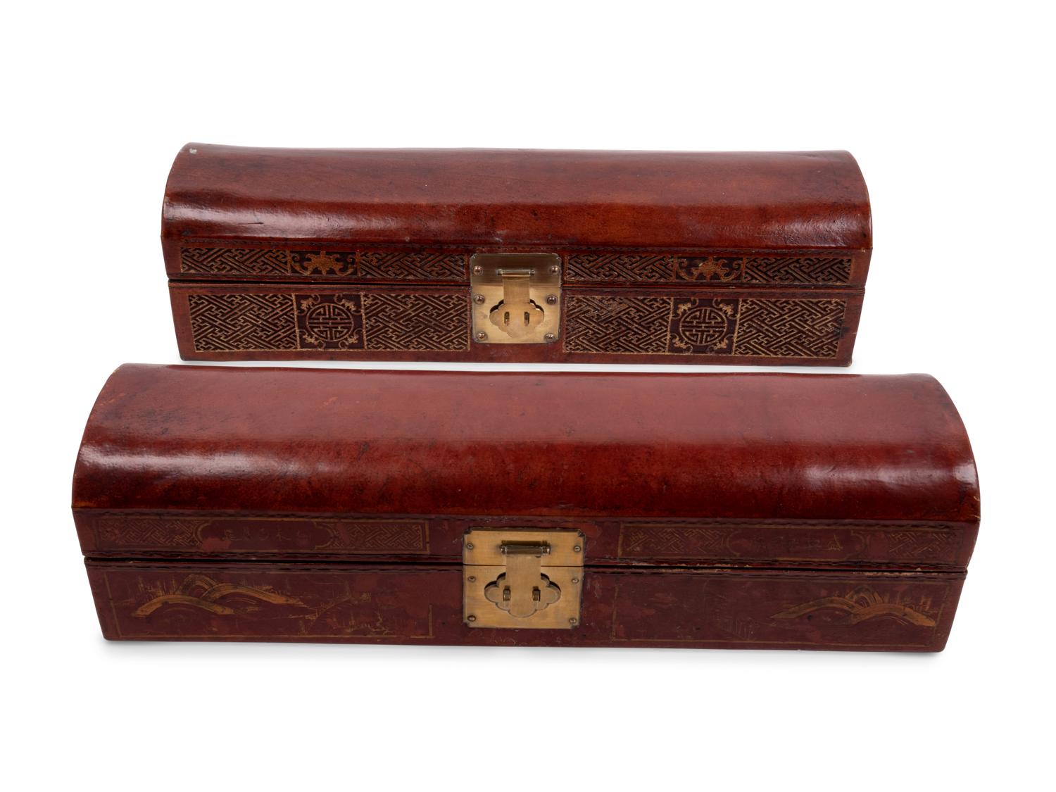 Two Chinese Leather Veneered Scroll Boxes