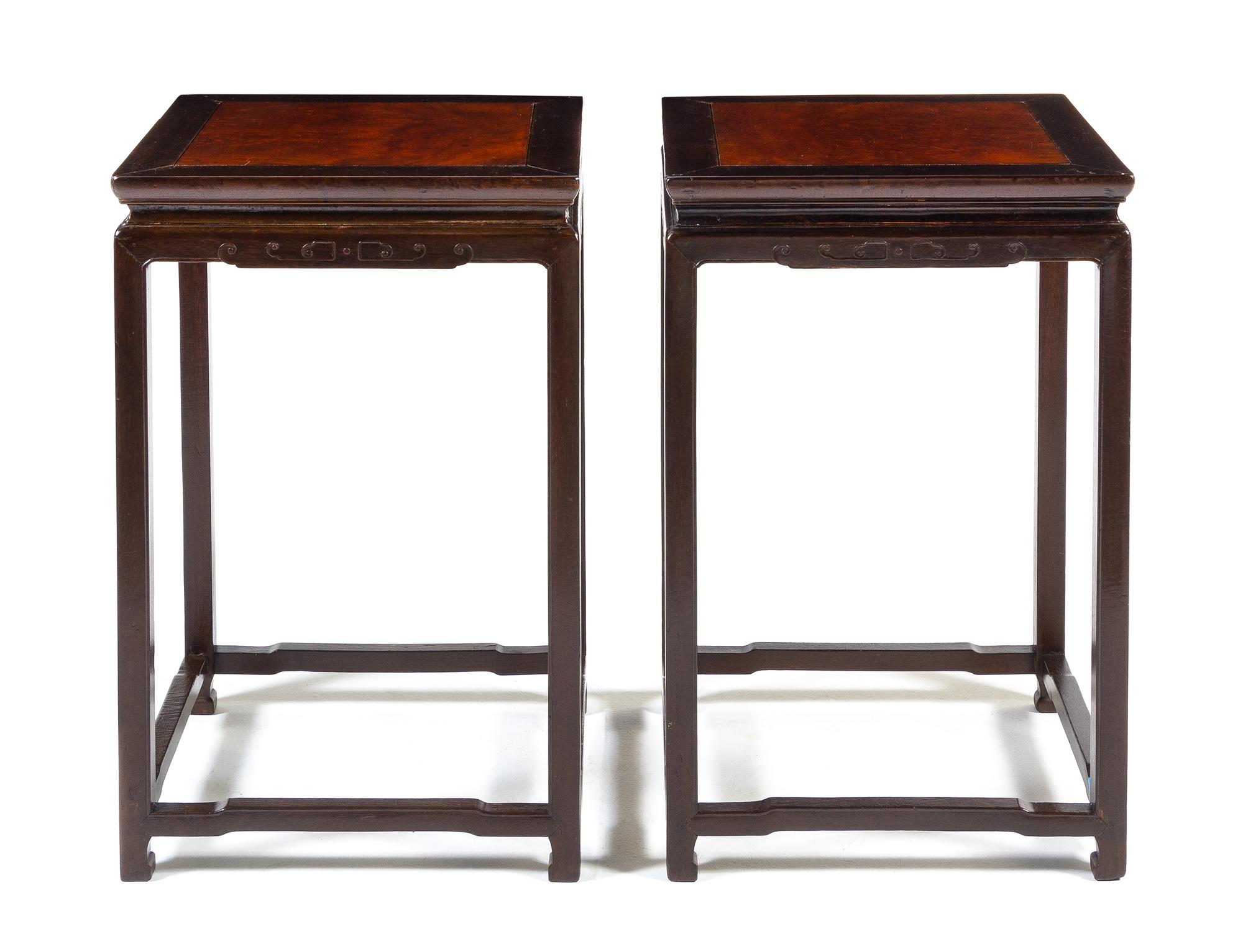 A Pair of Chinese Jichimu and Burlwood Square Corner-Leg Stands, Ji Height 31 x width 19 1/2 x depth 19 1/2 inches. — LATE 18TH CENTURY