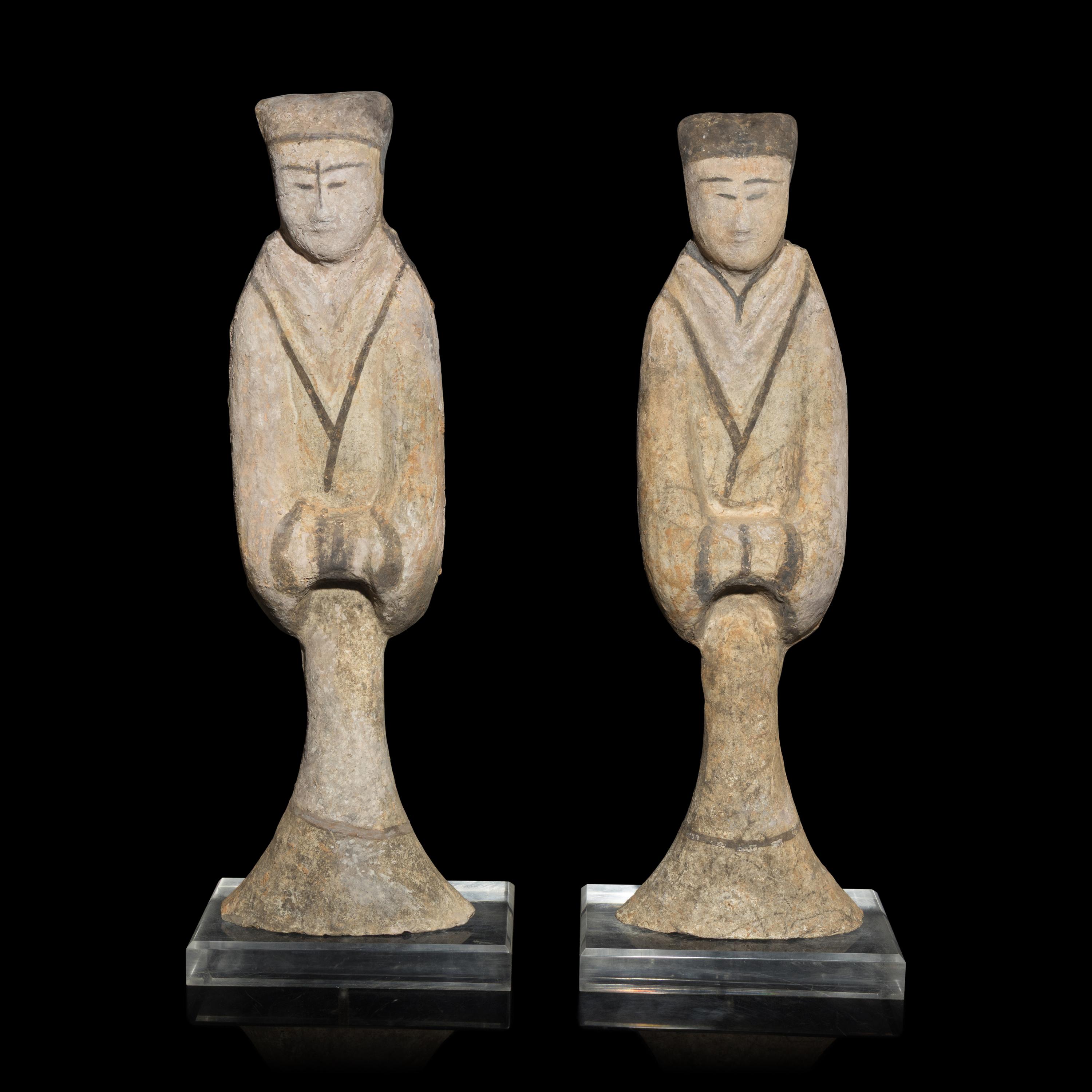 A Pair of Chinese Painted Pottery Figures of Attendants, Han Dynasty — 漢 陶加彩侍女俑一對