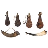 Lot of Six: Powder Flasks, Powder Horns, and a Shot Flask