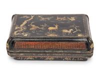 A Chinese Lacquer and Basketwork Box and Cover, Ming to Early Qing Dynasty 明-清初 黑漆描金鹿鶴同春竹編長方蓋盒