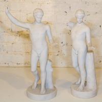 A Pair of Carved Alabaster Figures. Height of first 19 1/4 inches.