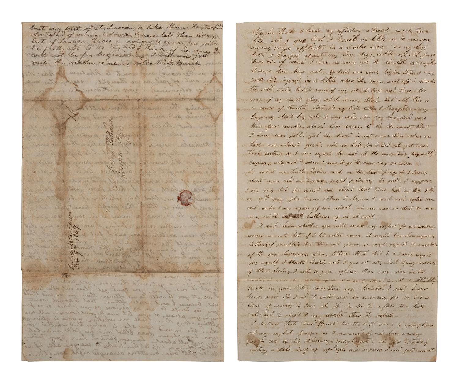 [AMERICANA]. 2 letters to Mr. R.H. Ward of Glasgow, KY, one discussing "Iowa Mobocracy."
