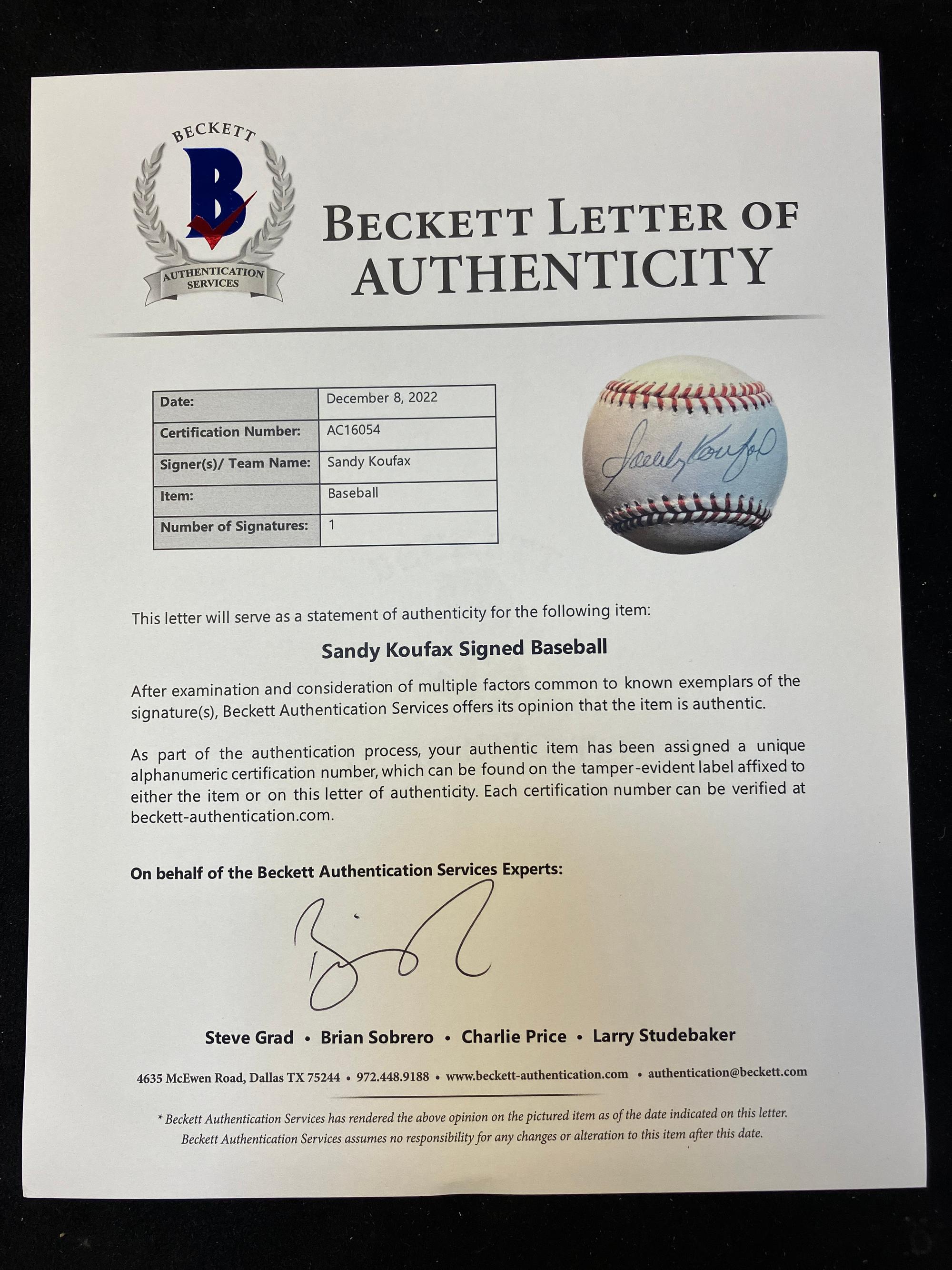 A Sandy Koufax Single Signed Autograph Baseball (Beckett Authentication Services Letter)