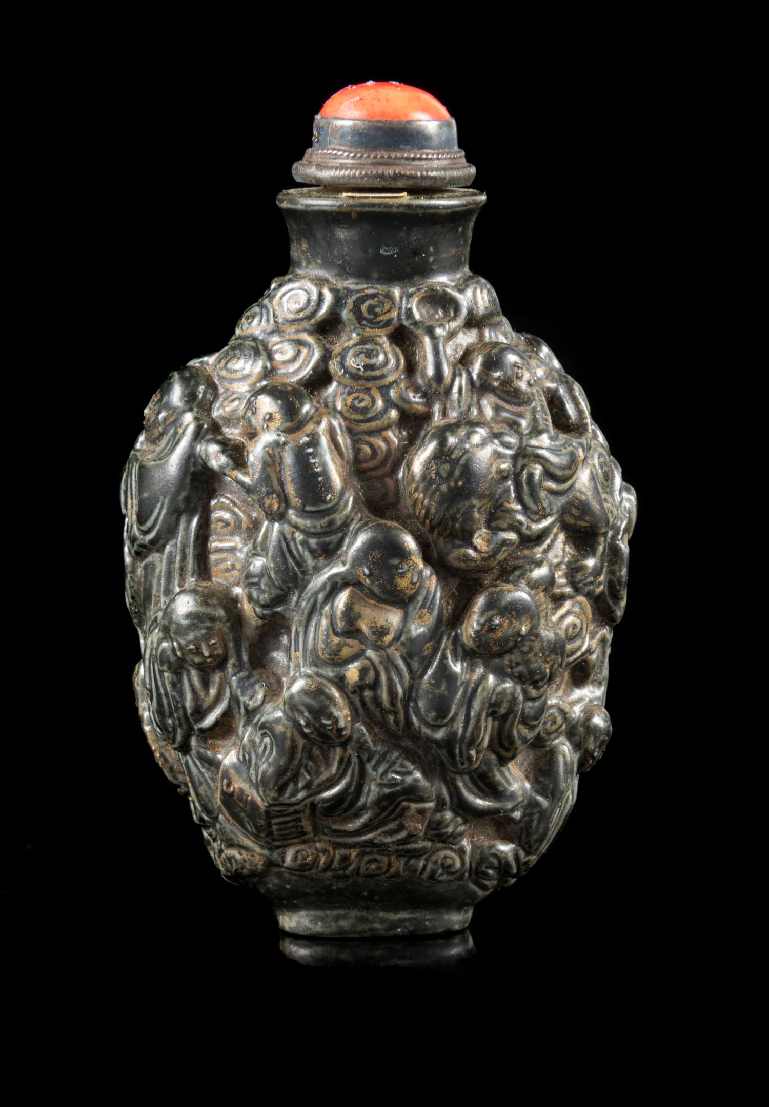 A Gilt and Grey Glazed Molded Porcelain Snuff Bottle Height 3 1/4 inches. — 18TH/19TH CENTURY
