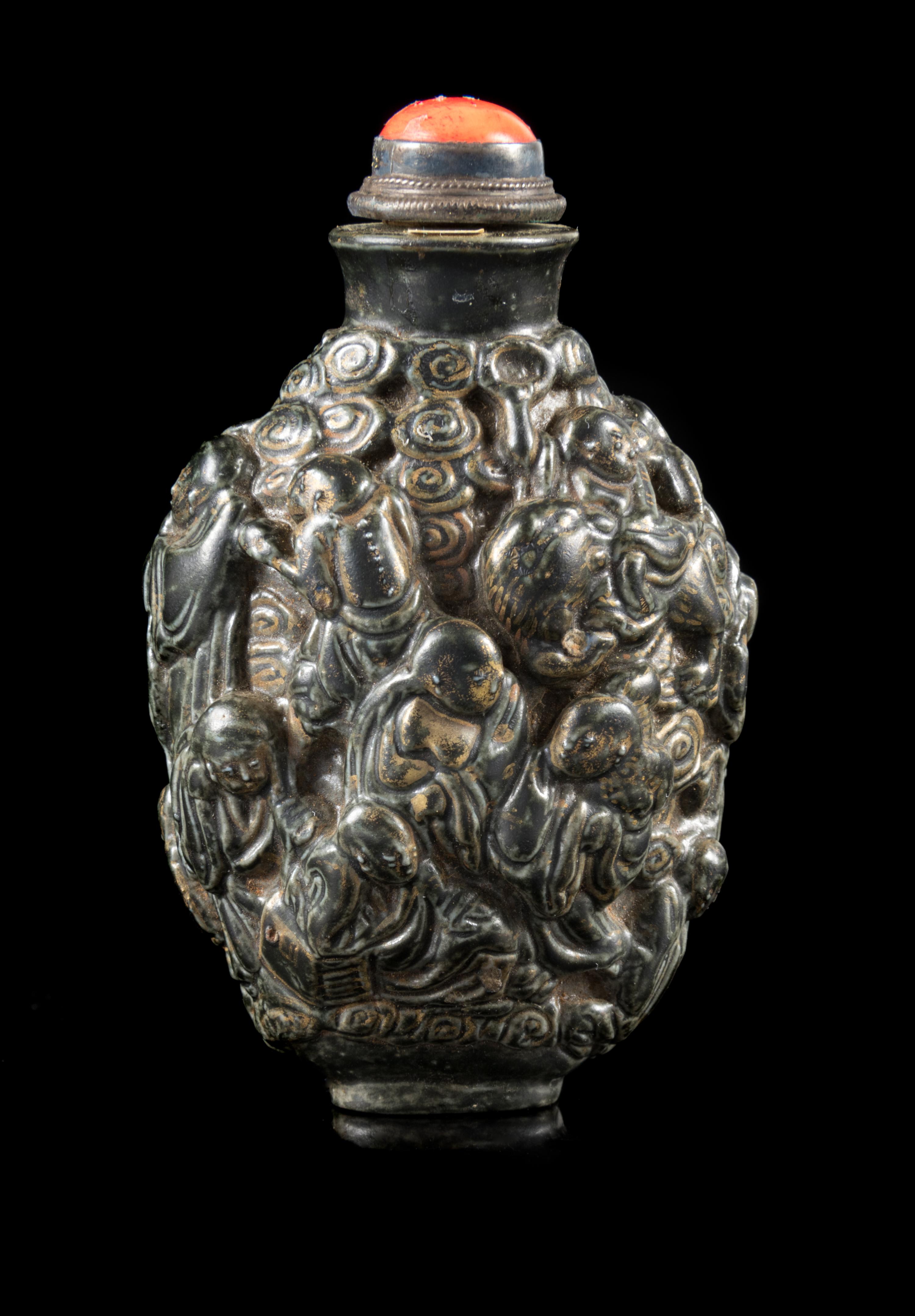 A Gilt and Grey Glazed Molded Porcelain Snuff Bottle Height 3 1/4 inches. — 18TH/19TH CENTURY