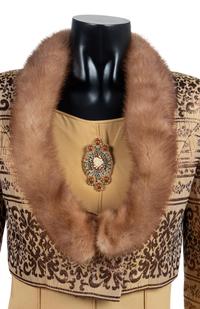 Sarli Evening ensemble, with fur trimmed crop jacket, pants, and yellow dress.